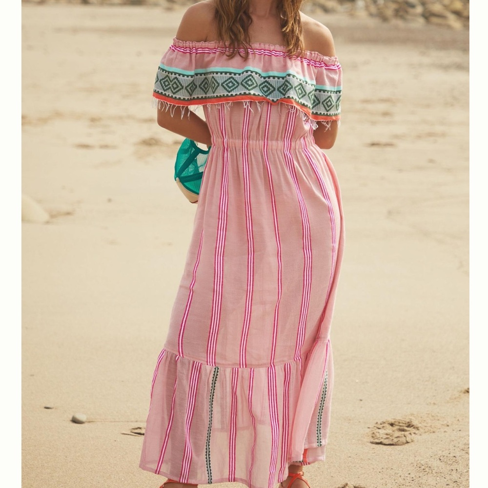 New Lemlem Anthropologie Rosa Off-Shoulder Lg Pink Striped Gauzy Fringe Handmade
